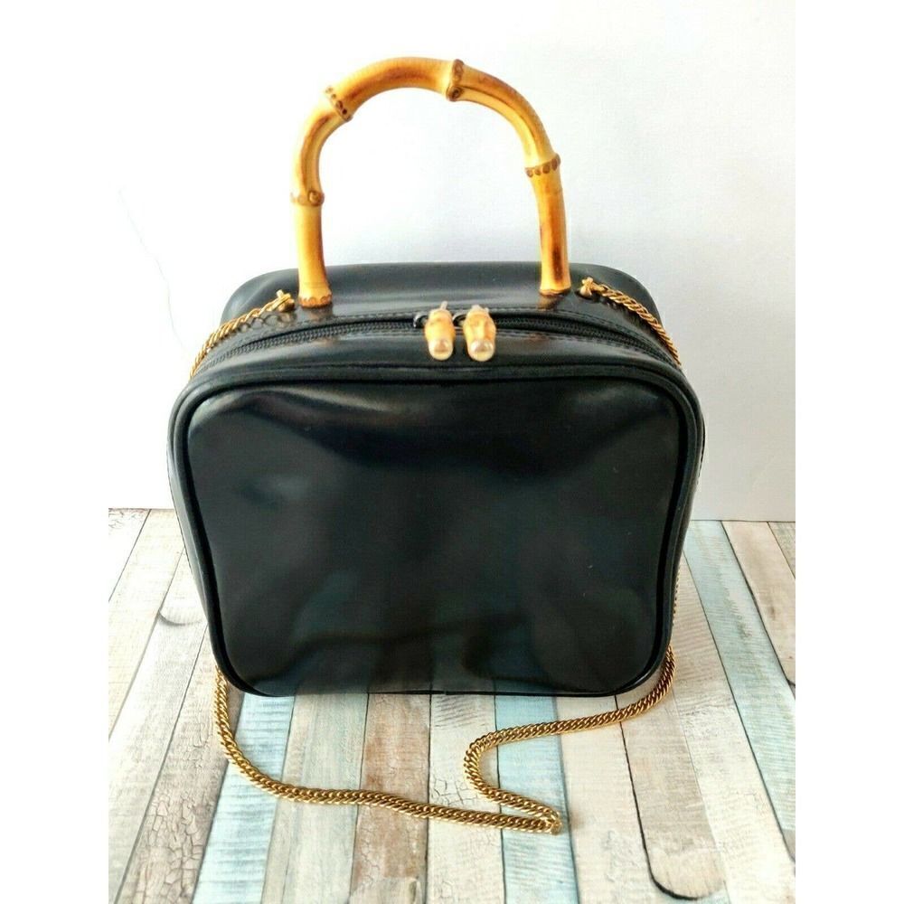 VTG CARLA MANCINI BLACK GENUINE LEATHER BAMBOO DECOR CHAIN STRAP SHOULDER BAG - Picture 3 of 12